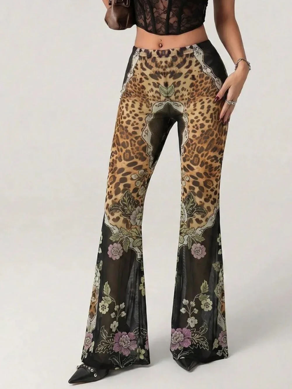Brown Casual Women's Leopard Print Flared Leg Pants
